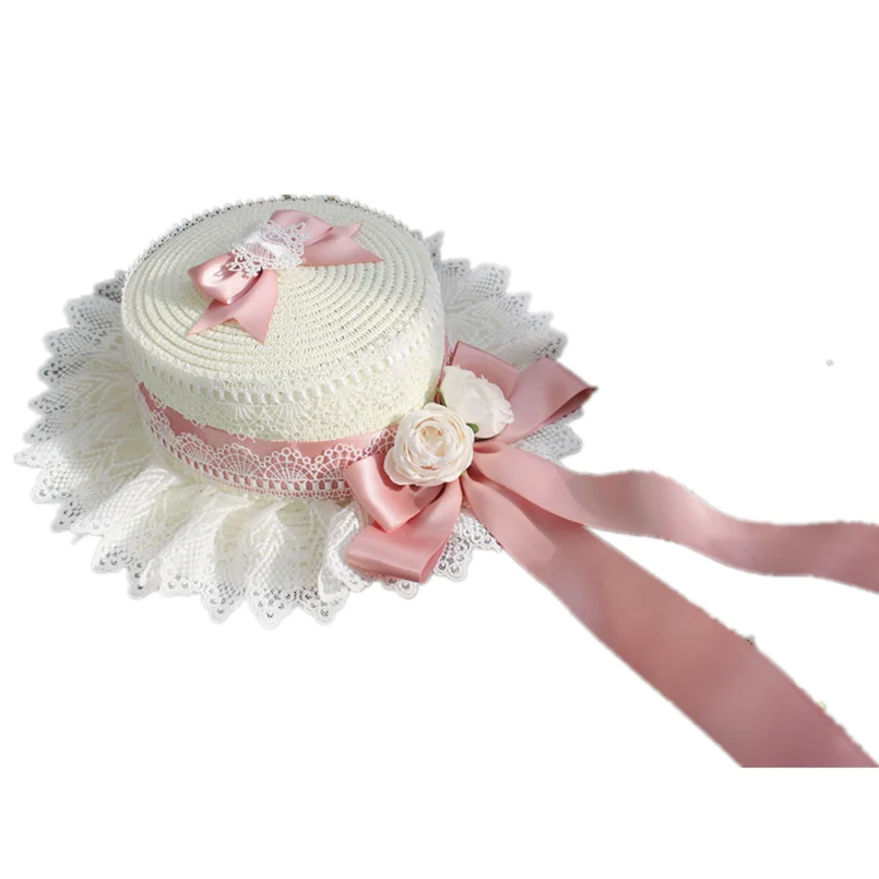Cappello di paglia Lolita Foresta Dolce fiocco Ragazza francese Fiore Cappello parasole Cappello a cilindro piatto Lolita per bambini