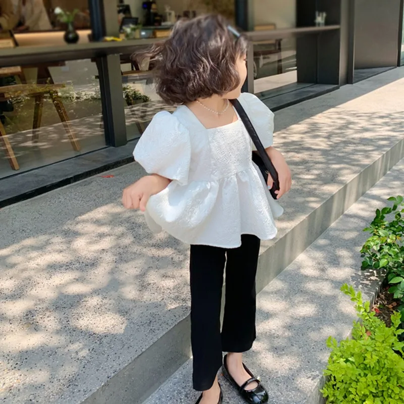 Korean Version Of Summer Girl\'s Square Collar Bubble Sleeve Short Sleeve Halter Bow Decoration Solid Color Blouse Basic Tops