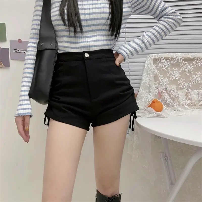 Womens Shorts Side Drawstring High Waist Elastic Shorts Summer Casual Straight Shorts