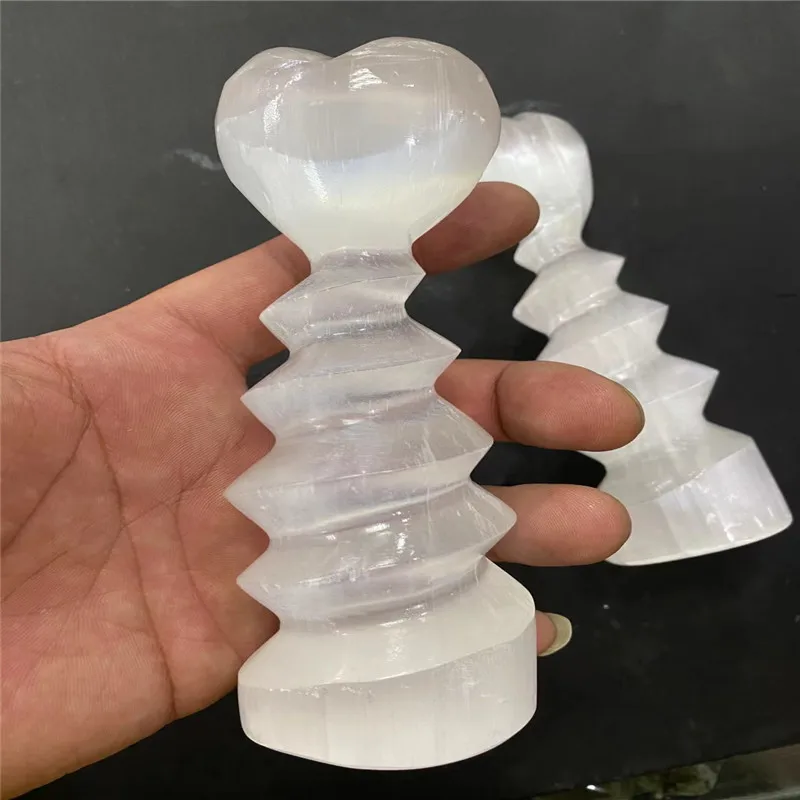 15cm 1PC Natural Selenite Heart Spiral Column Handicraft Ornaments Desktop Ornaments Souvenirs Gift Spiritual Healing Energy