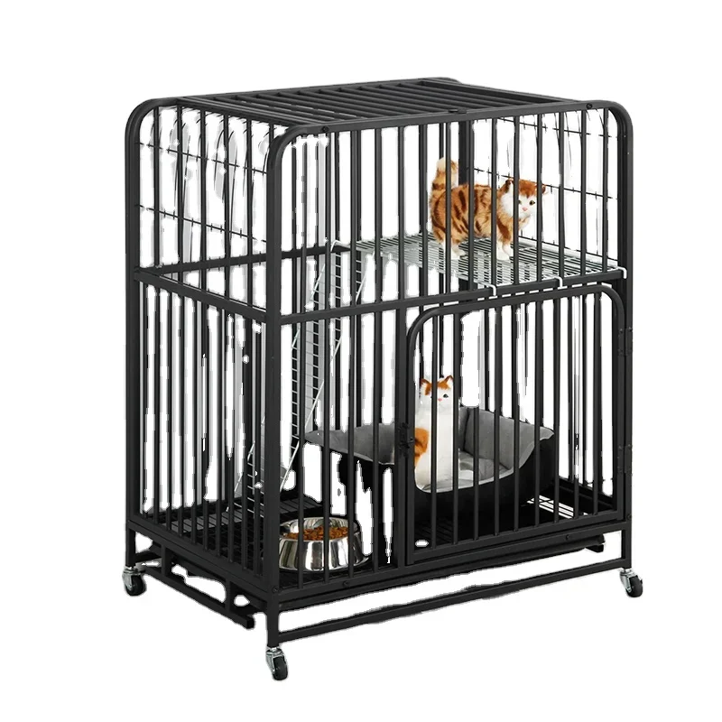 Large Room Containable Pet Bowl Pet Bed Cat Cage Two-tier Pet House Movable Wheels Crate