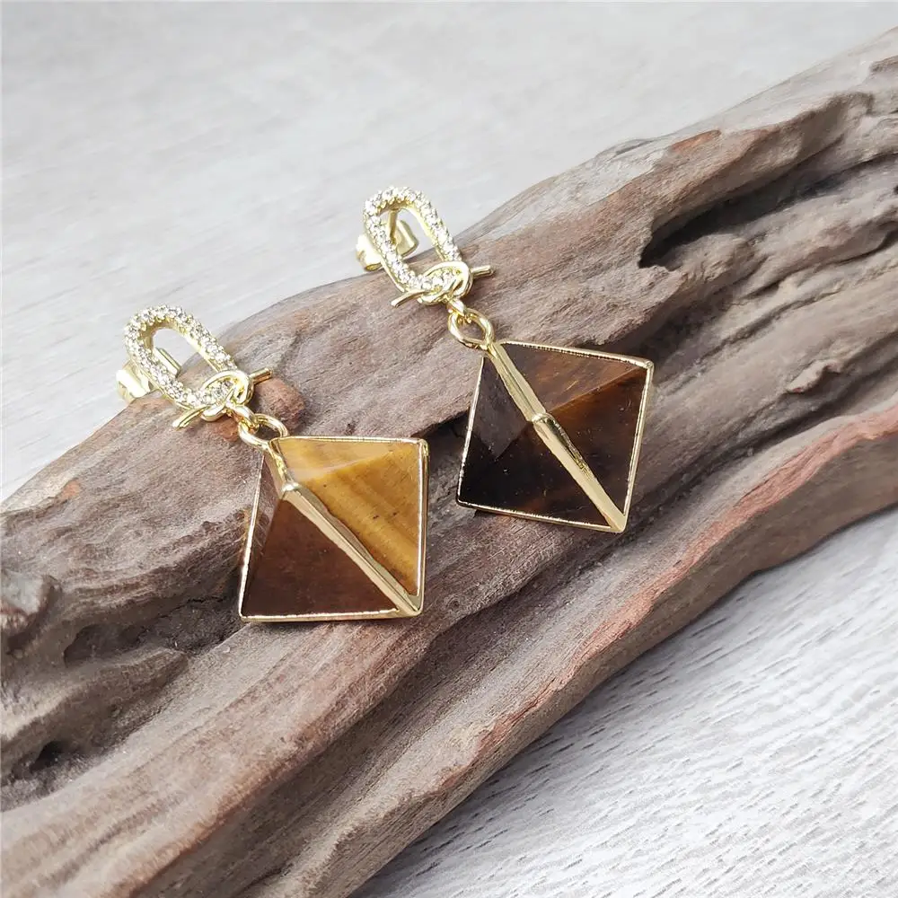 FUWO One Pairs Natural Tiger Eye Stone Earrings,High Quality Golden Plated Zircon Sacred Geometry Jewelry For Women Gift ER475CZ