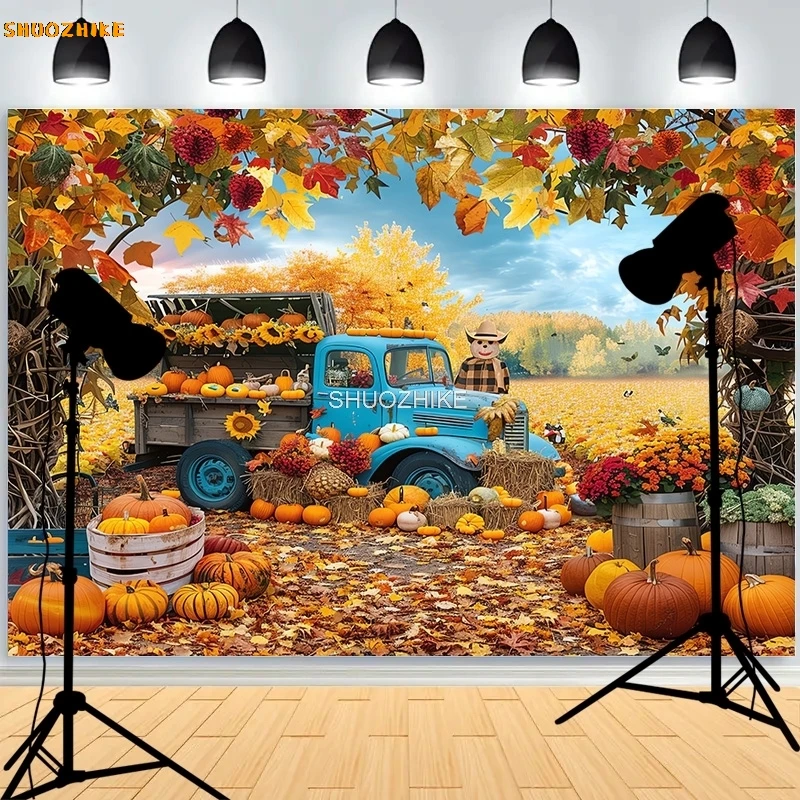 

SHUOZHIKE Autumnal Pumpkins Farm Photography Backdrops Props Halloween Fall Field Maple Leaf Scarecrow Fence Background FM-02