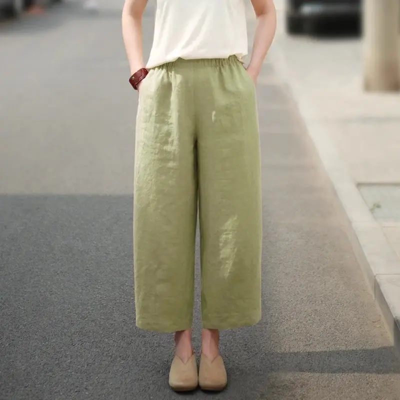 Women Summer Simplicity Loose Elegant Solid Color High Waist Appear Thin Wide Leg Women Clothes Casual All-match Cropped Pants