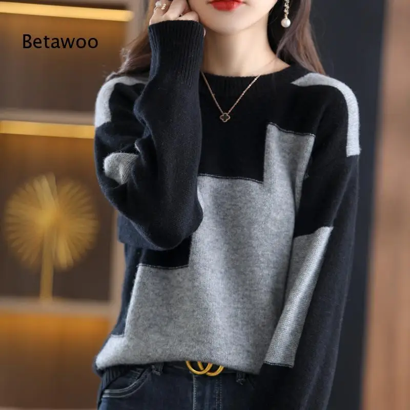 Women's Colorblock Knit Sweater Long Sleeve Crewneck Pullover Top for Fall Winter Casual Daily Wear