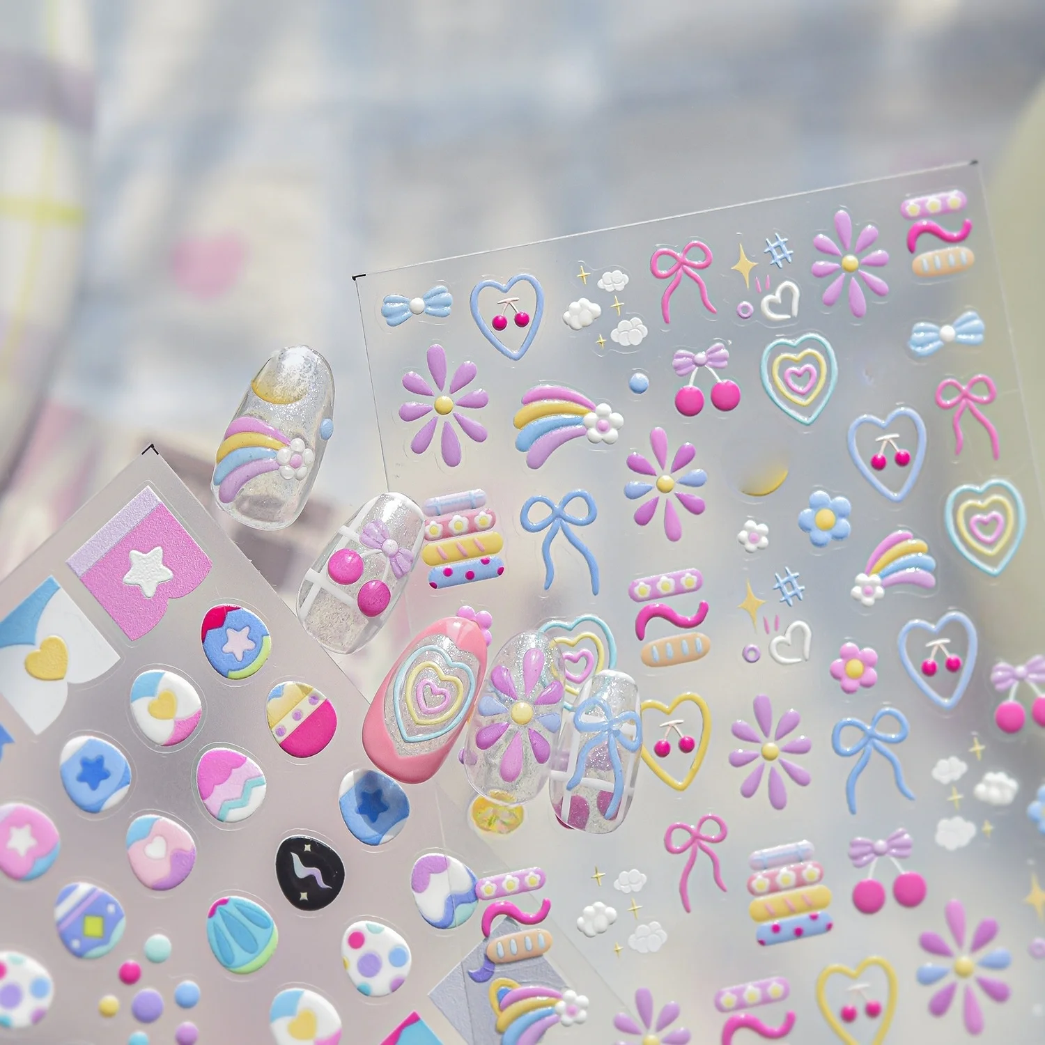 Süße Graffiti-Stil Nagelaufkleber 5D Candy Smile Schleife Herz Blume Kirsche Stern Lebendige Farben Nagelsticker Cartoon Nageldekoration