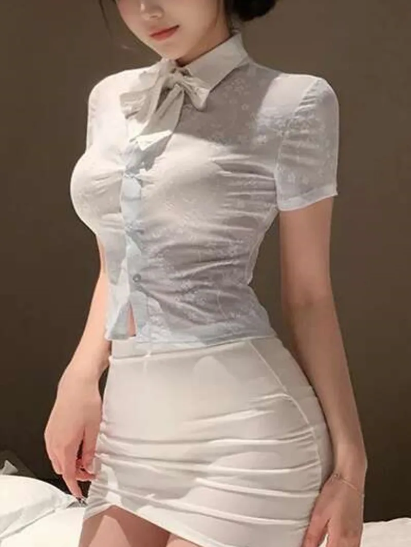 out of stock Style Transparent Workplace OL Set Sexy Hip Hugging Mini Two Piece Skirt Uniform Sexy Thin Mesh Sheer Women 7JUK view 5