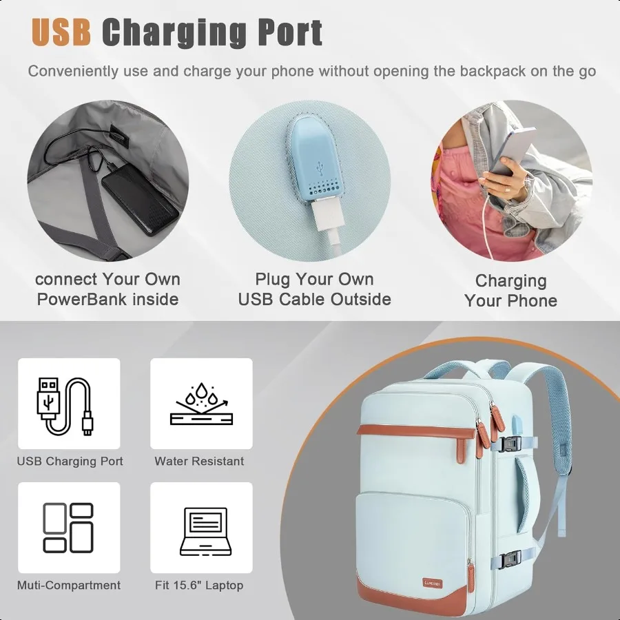 40L Travel Backpack with USB Charging Port WaterResistant Carry On Backpack for Men Women Busin Laptop Backpack for Trips Commu