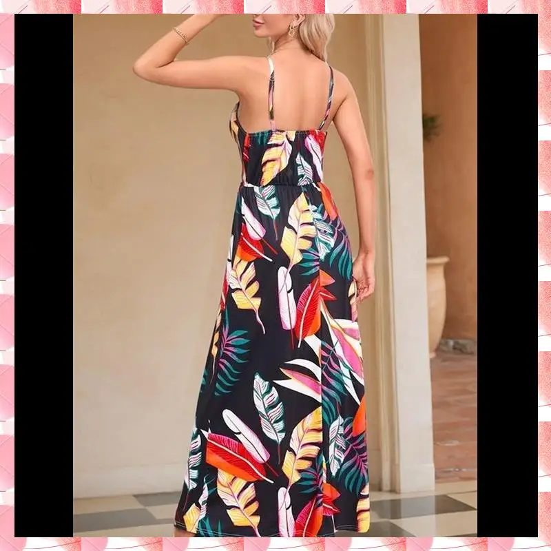 Women's 2025 Summer Maxi Dress Floral Tie Front Spaghetti Strap Casual Boho Beach Flowy Sundress