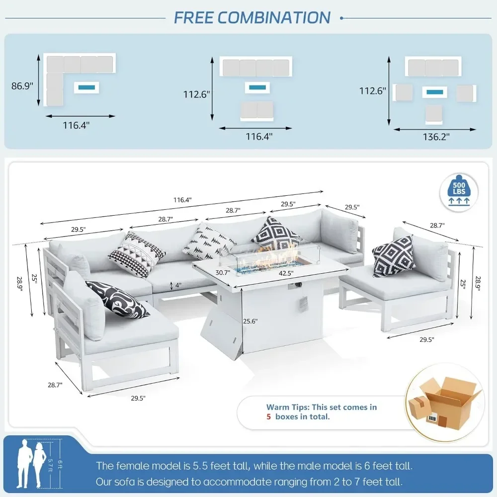 7 Pieces Patio Furniture Set with Fire Pit Table 43" Propane Natural Gas Convertable, 29'' Depth Outdoor Conversation Sofa Set