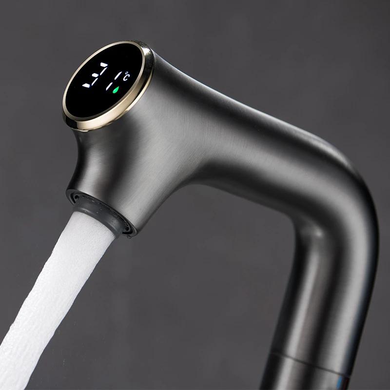 High-end Bathroom All-copper Digital Display Basin Faucet Household Hot and Cold Splash-proof Heightened Washbasin Creative