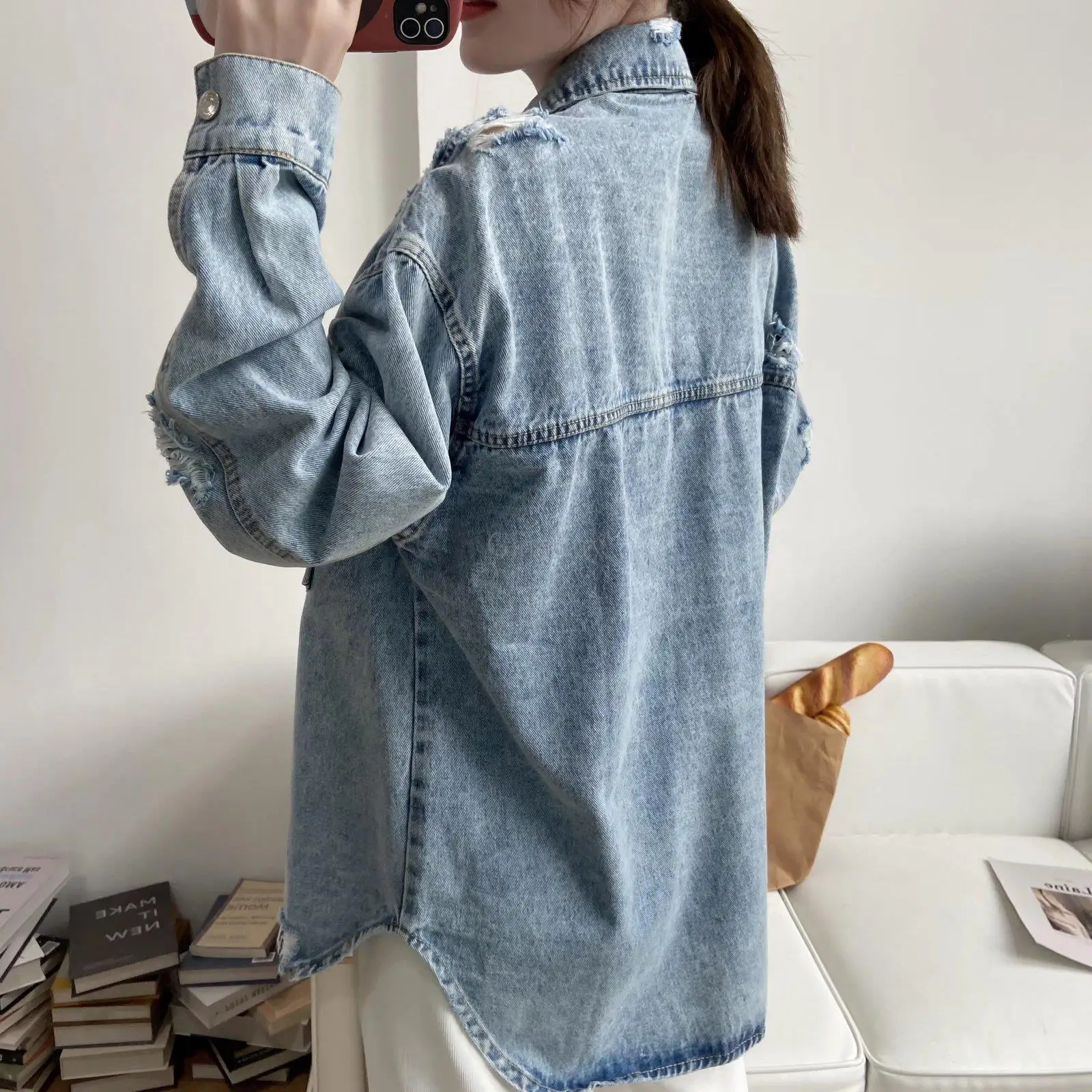 Garaouy 2023 New Women Spring Autumn Ripped Denim Cool Jacket Fashion Casual Loose Pocket Buttons Blouses Oversize Shirt Coat