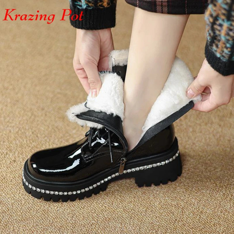 

Krazing Pot Cow Leather Fur Round Toe Winter Warm Snow Boots Thick High Heels Zip Luxury Crystal Beading Platform Ankle Boots