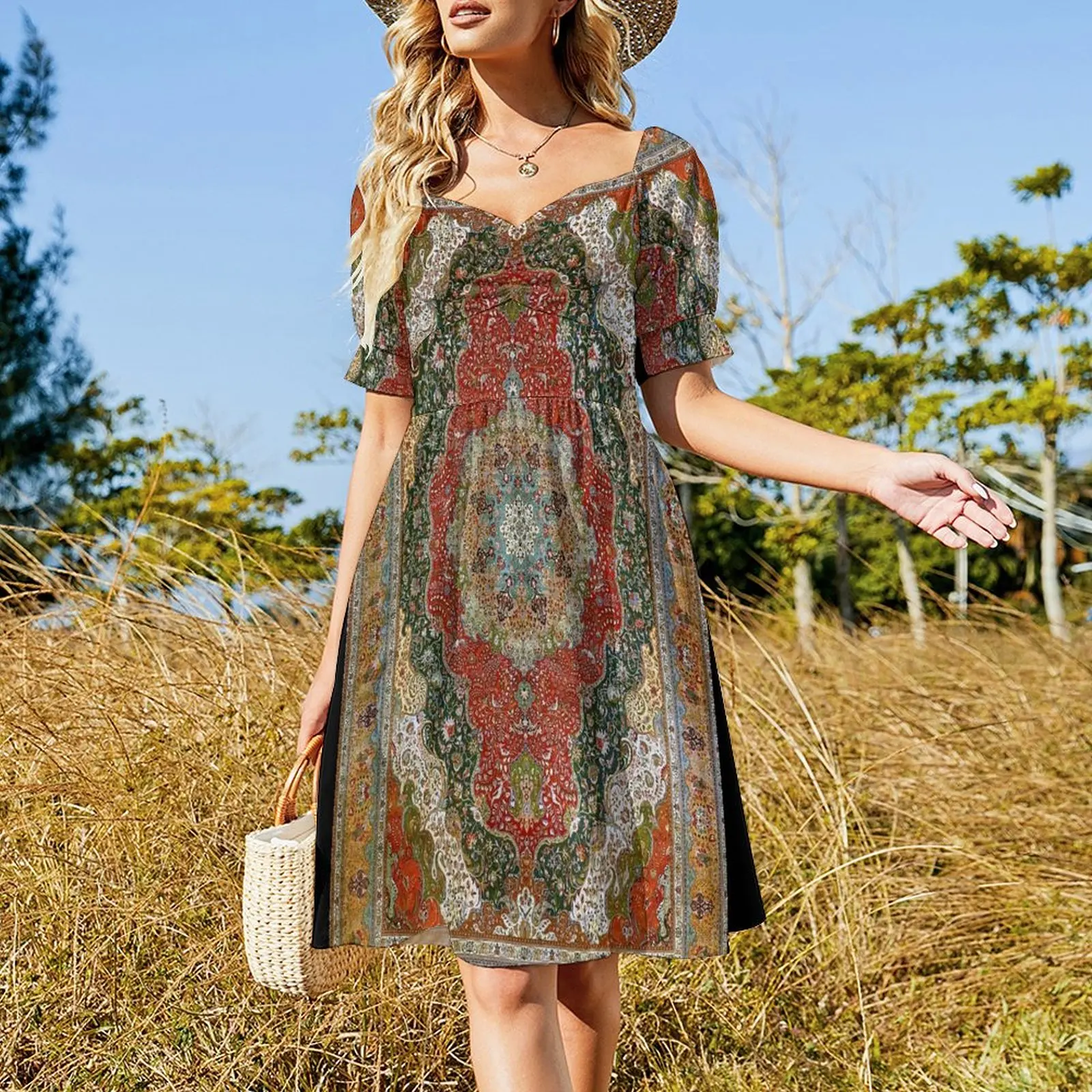 Antique Floral Persian Carpet Print Short Sleeved Dress Woman clothes Long dress woman Woman fashion Dress