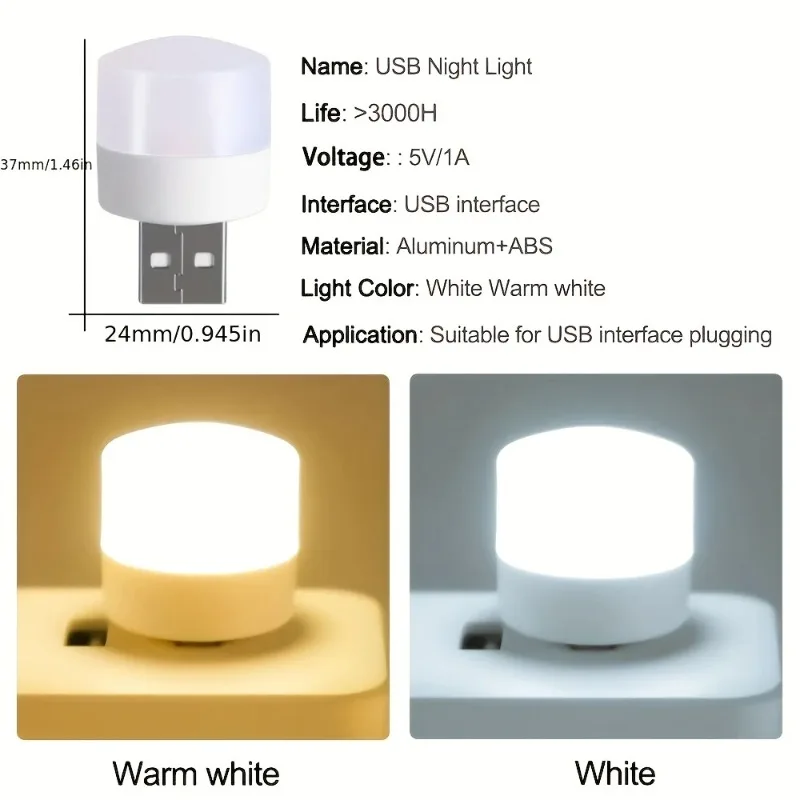 5V 1W USB LED Eye Protection Reading Light Warm White Mini Portable Plug-in Night Lamp for Computer Bedroom Bathroom Reading
