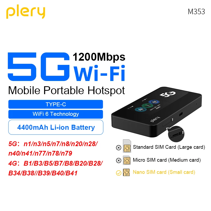 PLERY 5G LTE Router 5 G SIM Card 4400mAh Battery 2.4GHz+5.8GHz 1800Mbps WIFI Routers Support 30 Devices for Travel/Office/Home