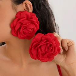 Salircon Exaggerated Large Rose Flower Earrings For Women 2024 Statement Pierced Stud Earrings Ladies Party Dinner Jewelry