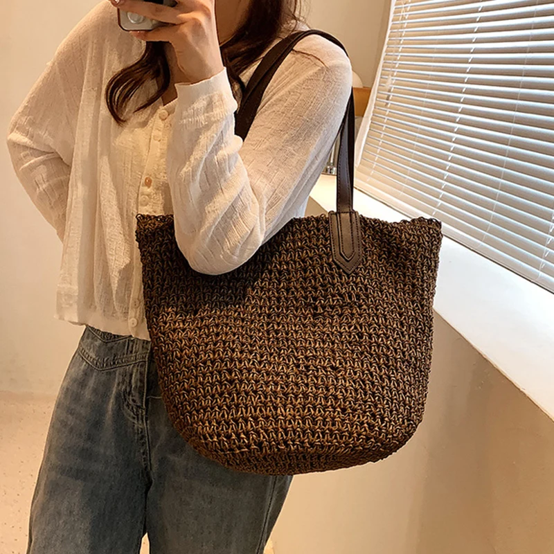 Sommer Strand Taschen Für Frauen Handgemachte Rattan Gewebt Schulter Taschen Große Kapazität Stroh Tasche Böhmischen Casual Reise Handtasche Totes – Detail 8