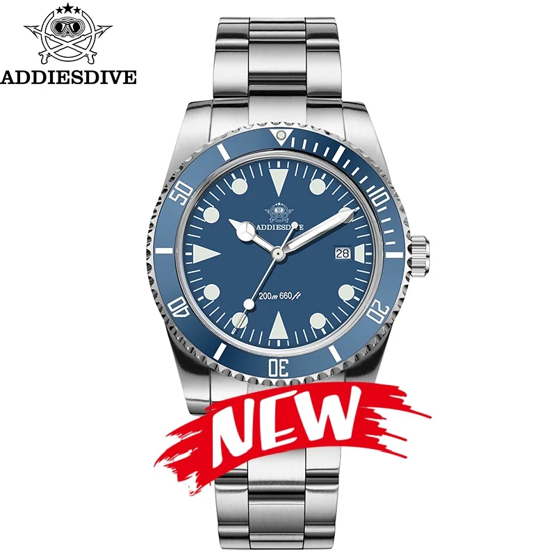 ADDIESDIVE Hot Sale Men Fashion Watch BGW9 Blue Luminous Bubble Mirror Glass 20Bar Waterproof 316L Stainless Steel Quartz Watch