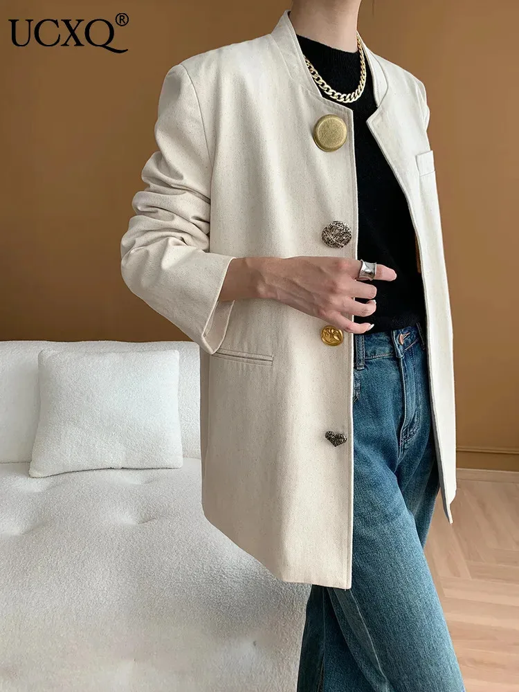 

UCXQ Fashion Casual Jacket Vintage Unique Button Stand Up Collar Loose All Match Elegant Coat Women 2024 New Spring Autumn A9954