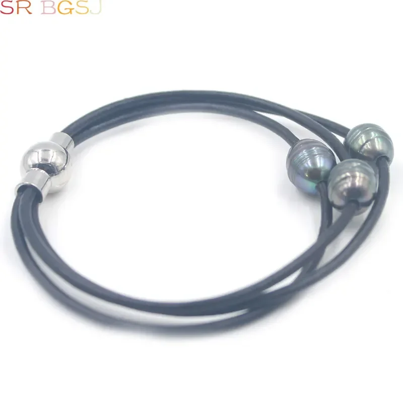 SR 10-12mm Genuine Natural Freshwater Pearl 3-Strand Style Leather Cord Pearl Women Jewelry Bracelet  7.5-8\