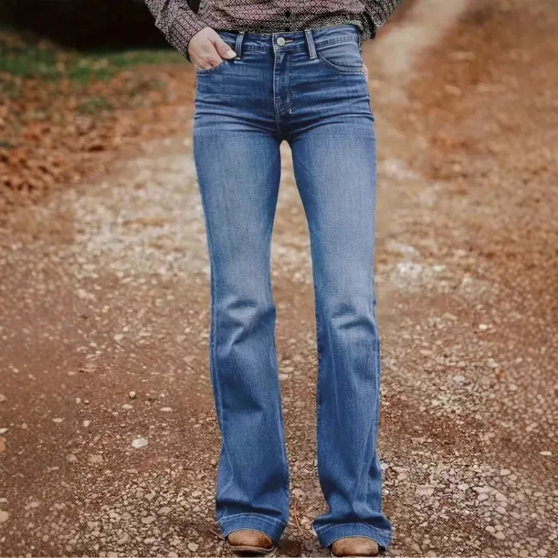 

Pocket Embroidered Loose Women's Embroidered Flare Jeans Stylish High-Waisted Denim Solid Color Stretch Women Pants