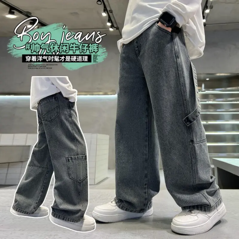 Teenage Boys Cargo Jeans Spring Autumn New Kids Wide Leg Denim Pants for Children Loose Pockets Trousers 5 7 9 11 13 15 Year old