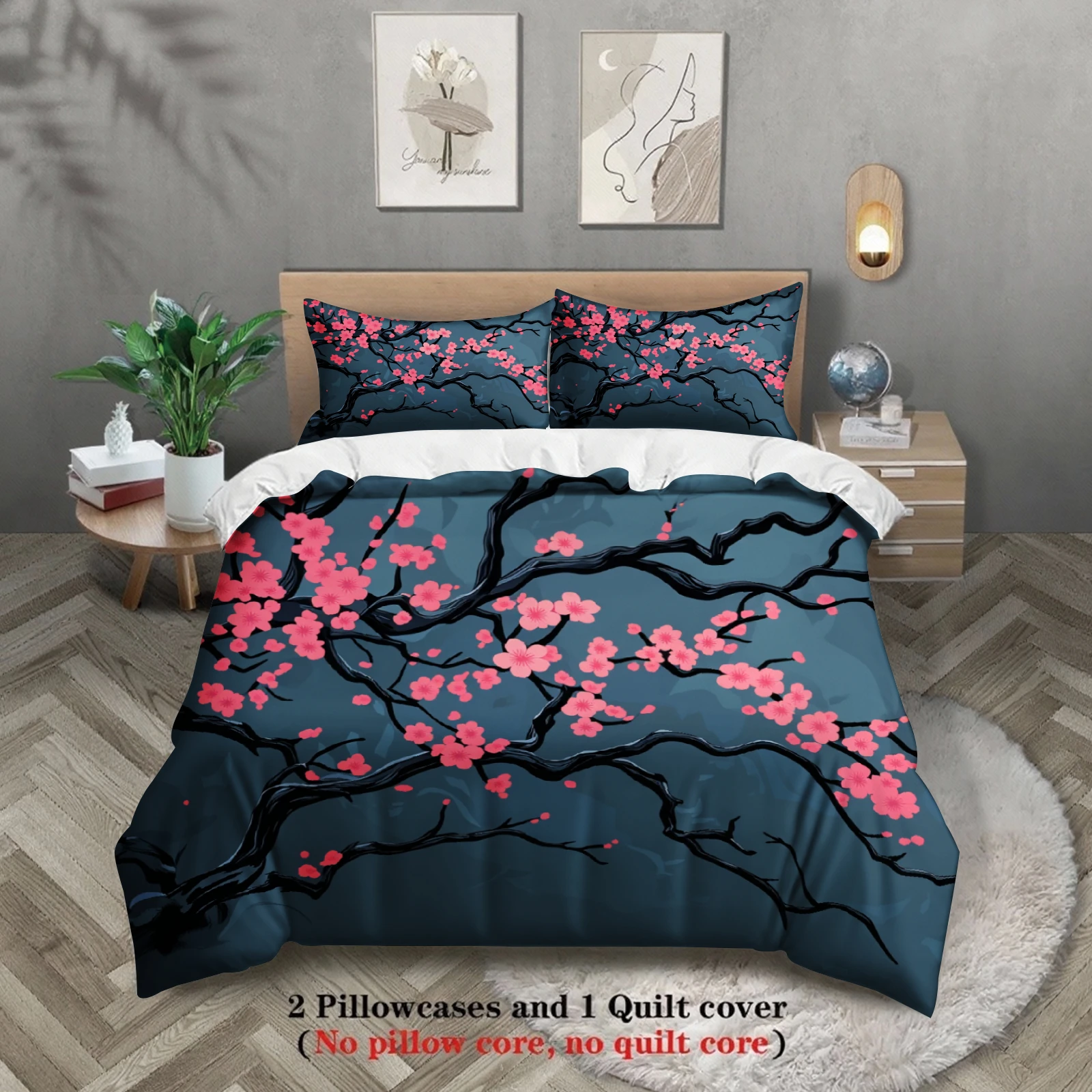 

3pcs Cherry Blossom Bedding Sets 3D Printed Floral Pattern Duvet Cover Sets With Pillowcases No Filling Elegant Style Full Size