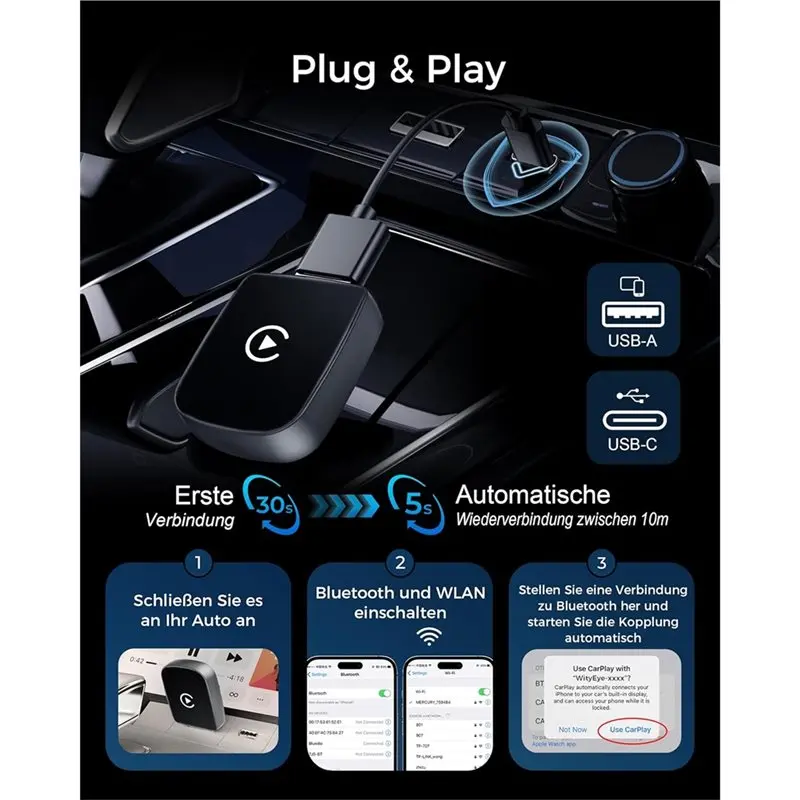 New!Carplay Wireless Adapter For IOS 10+ , V5.3 Bluetooth Stable Connection, 5.8 Ghz Wifi Fast Data Transfer Via USB C/A