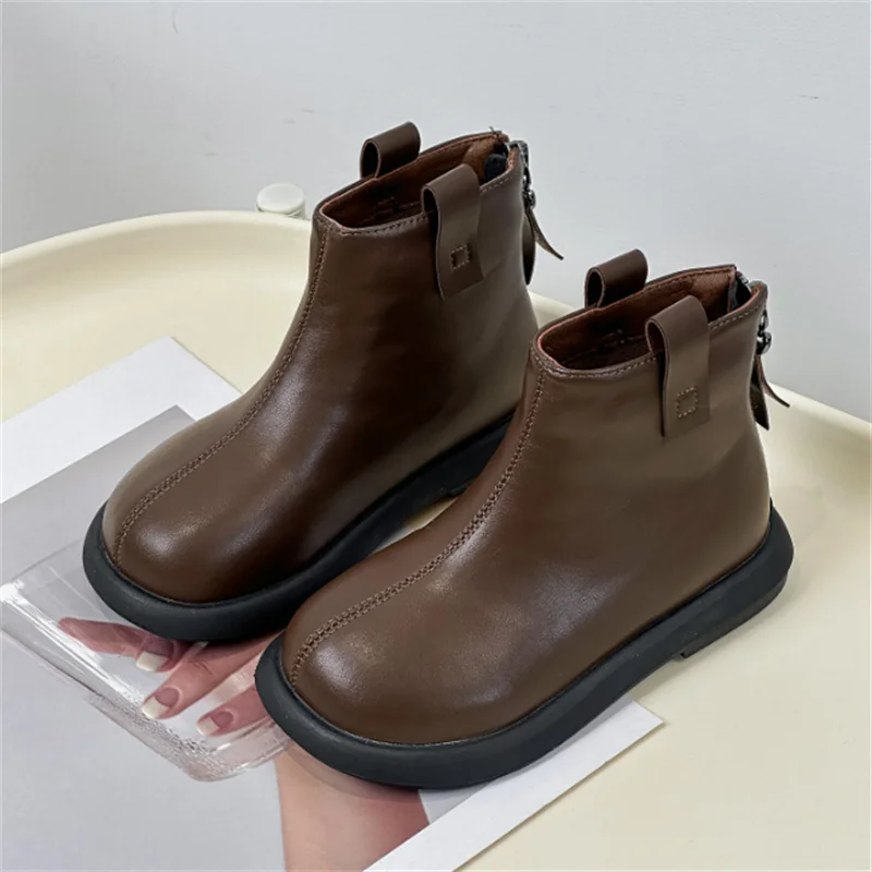 2024 New Autumn Children Boots Leather Girls Ankle Boots Zip Back Rubber Sole Fashion Toddler Kids Boots EU21-30