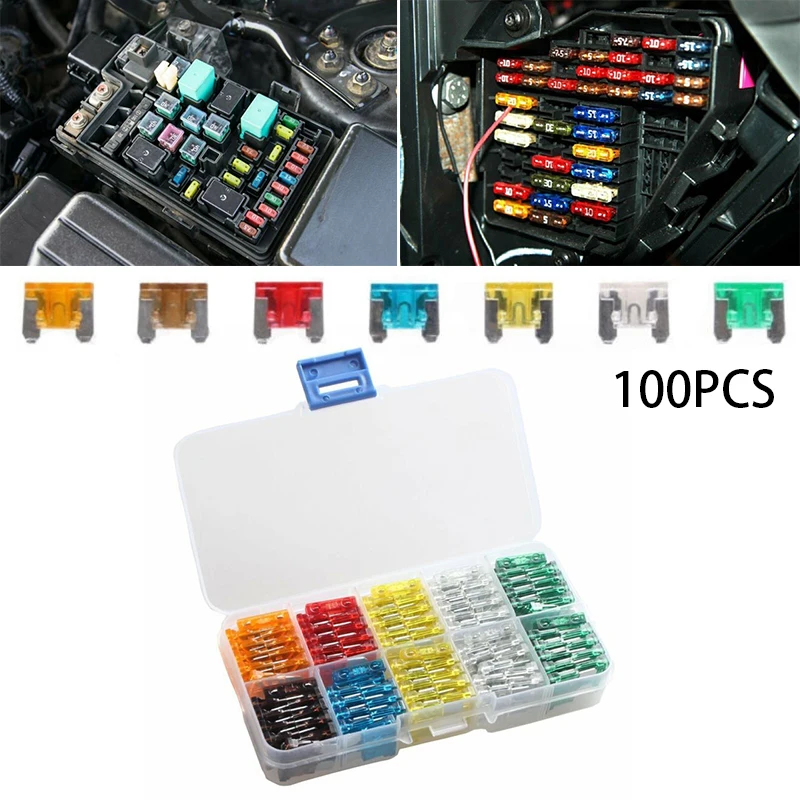 Car Blade Bike Colorful Truck Assorted Fuse Mini Box 100pcs Low Profile 5-30AMP 5A 7.5A 10A 15A 20A 25A 30A Kit New