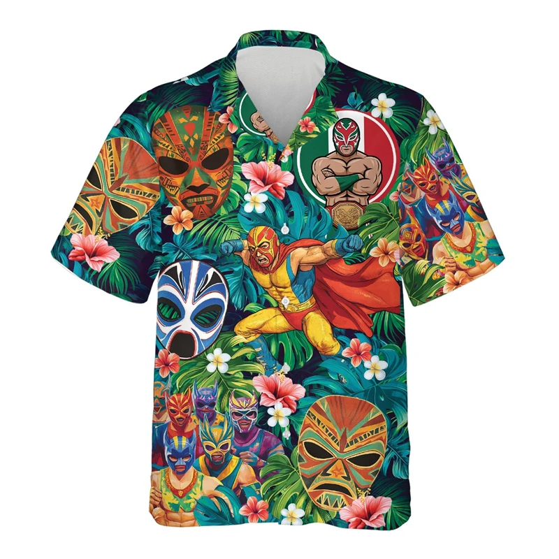 Mexico Wrestling mask Men's Shirt 3d Printing Lucha Libre Short Sleeve Lapel Blouse Tops Summer Street Hawaiian Shirts