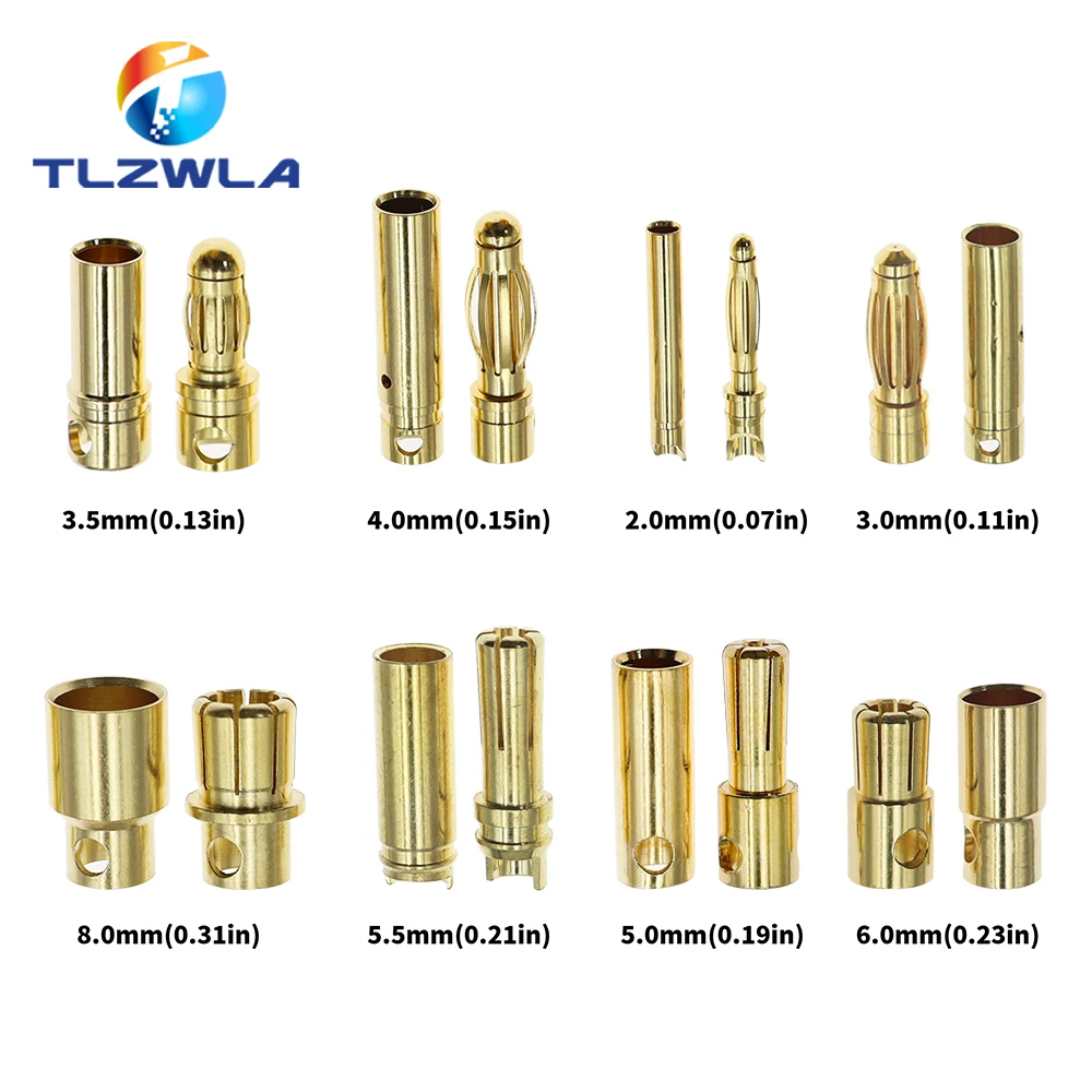 2mm 3mm 3.5mm 4mm 5mm 5.5mm 6mm 8mm RC Bateria Pozłacana wtyczka bananowa Bullet Wysokiej jakości męskie złącze bananowe Bullet Bullet