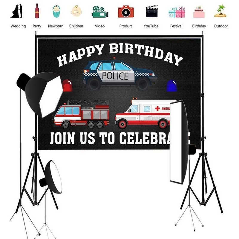 Happy Birthday Backdrop Police Cars Firetruck Ambulance Theme  Background Photography Red and White Background Decoration Props