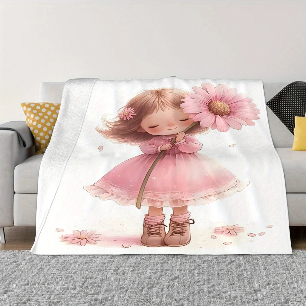 Adorable Holding a Floral Print Flannel Blanket - Soft and Warm, Perfect for Sofas, Offices, Travel, Home Decor, and Camping - a