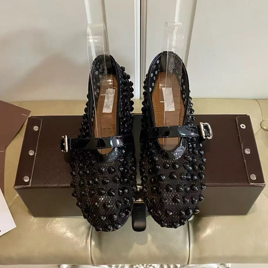 2026 Spring/Summer New Mesh Breathable Hollow Flat Bottom Rivet Mary Jane Fishing Net Sandals Strap Ballet Single Shoes