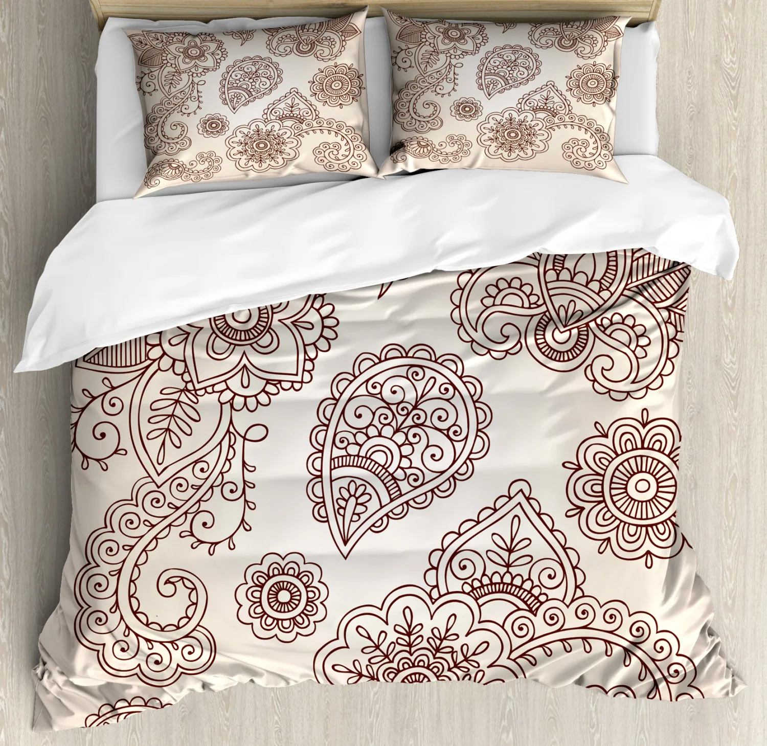 Henna Duvet Cover King Queen Abstract Floral Elements South Asian Mehndi Style Oriental Design Polyester Bedding Set,Cream Brown