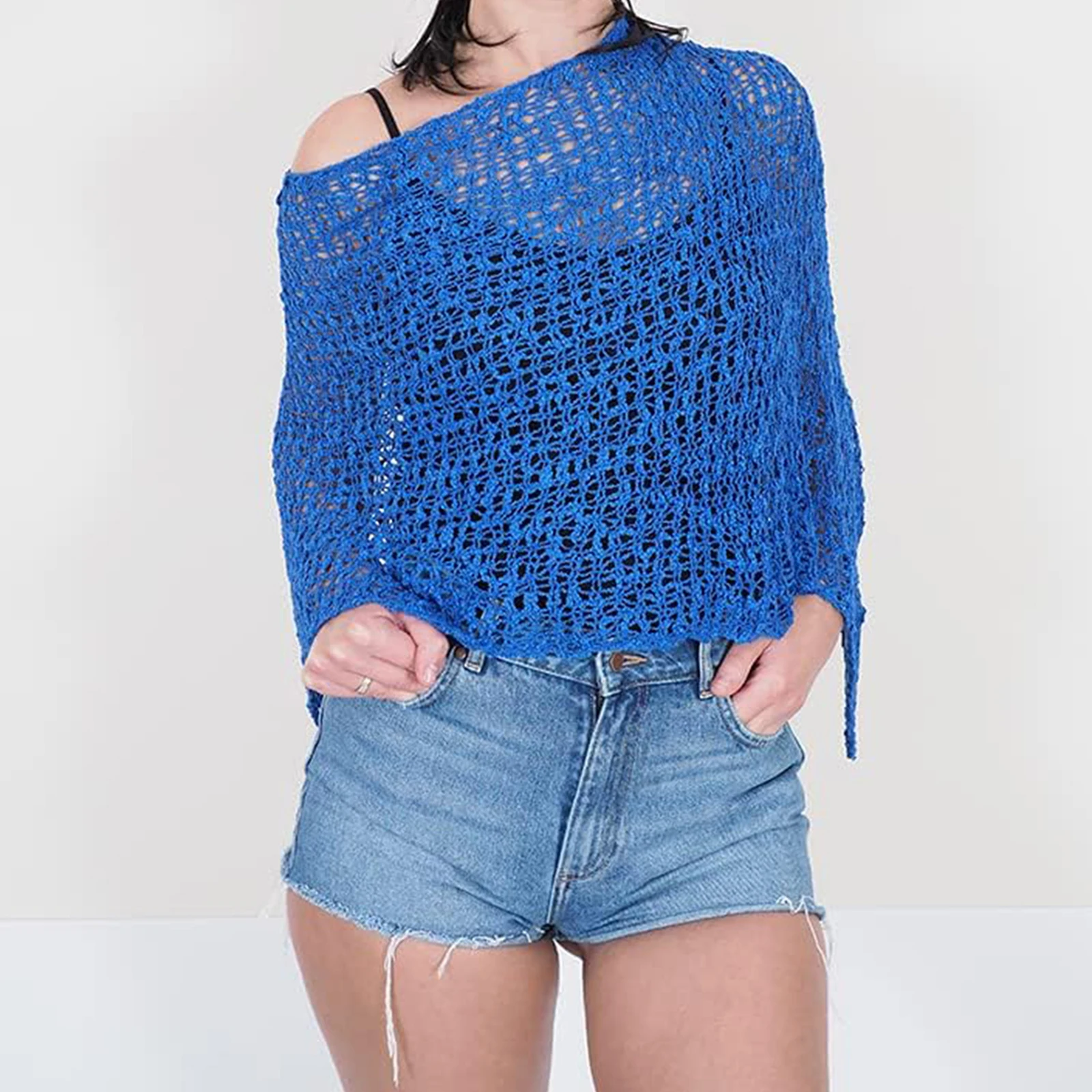 Women's Soild Color Crochet Poncho Fashionable Versatile Hollow Out Lightweight Shawl for Formal Evening Dress