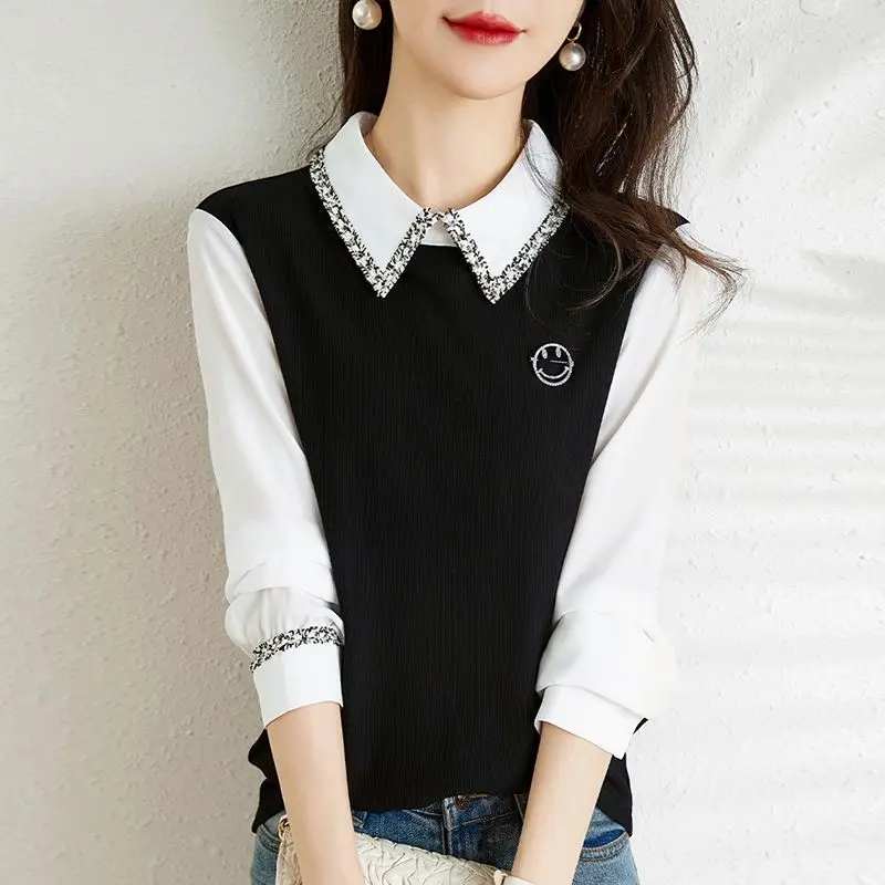 Vintage Preppy Style Fake Two Pieces Blouse Spring Autumn Long Sleeve Polo Neck Loose Shirt Tops Casual Fashion Women Clothing