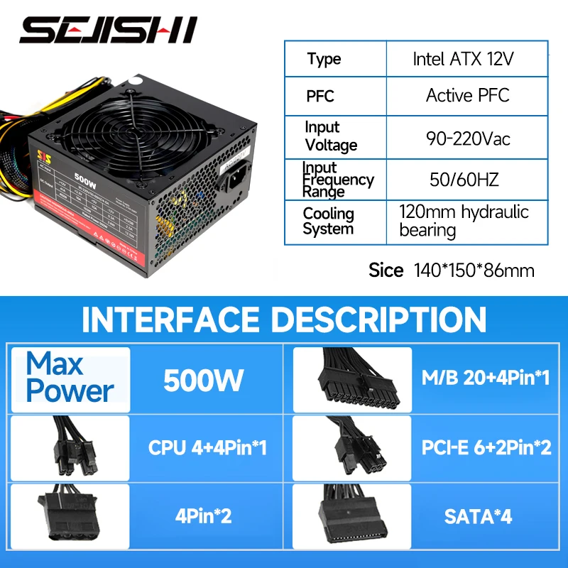 Imagem -06 - Sejishi-pc Psu Unidade de Alimentação para Jogos Preto Silencioso Ventilador 120 Milímetros 24pin 12v Atx Desktop Computador 500w Btc