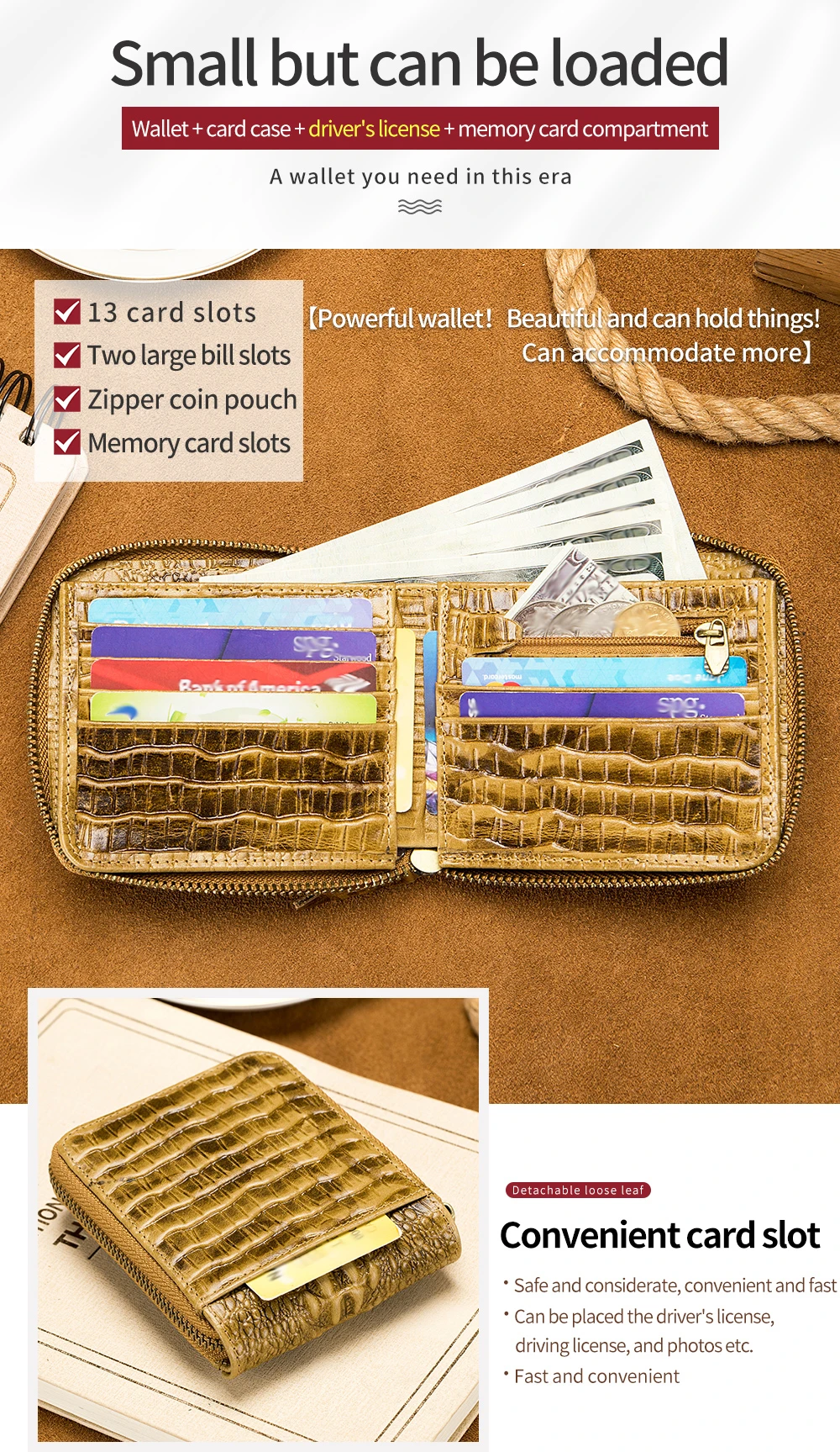 Herren-Geldbörse aus Rindsleder mit Krokodilmuster, Echtleder, großes Fassungsvermögen, Kartenfach, Zero Wallet – Detail 2