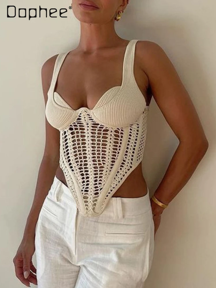 

Sexy Fishbone Waist Crocheted Knitted Crop Tops Women Beige Sleeveless Slim Irregular Hem Solid Vests Hollow Out Corset Top