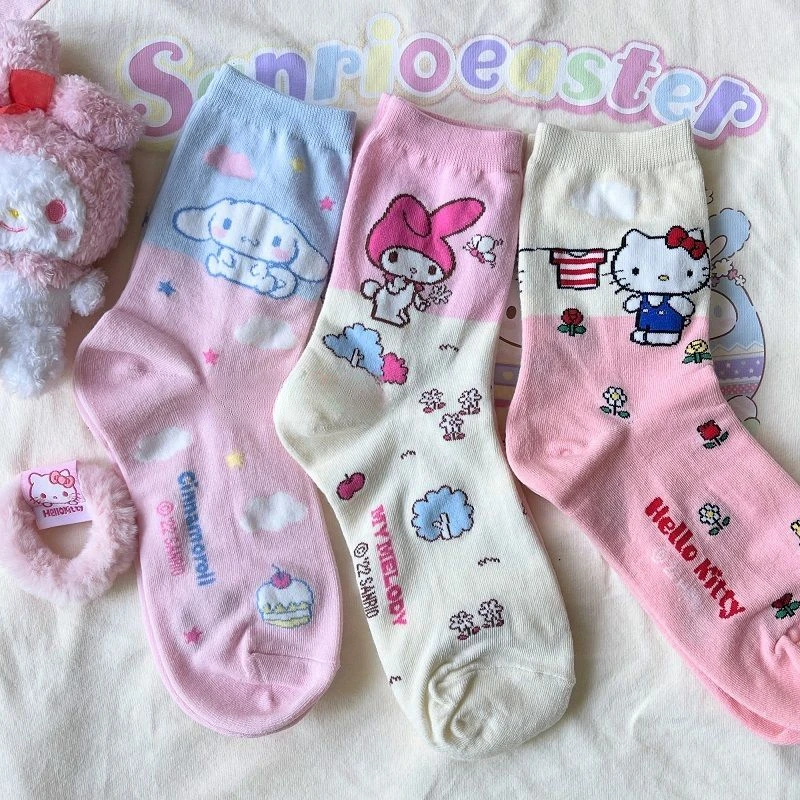 Sanrio Pompom Purin Kuromi Cartoon Creative Versatile Cute Color Matching Japanese Illustration Warm Mid-calf Socks Cotton Socks