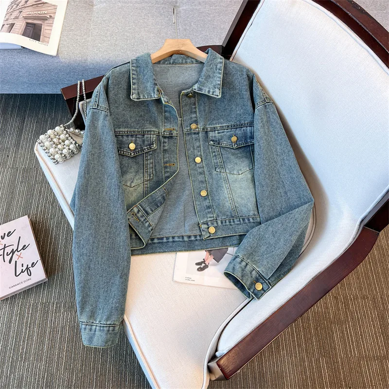

Vintage Blue Short Denim Jacket Spring Autumn Women Streetwear Lapel Single-Breasted Long Sleeve Jeans Jacket Coat Veste Femme