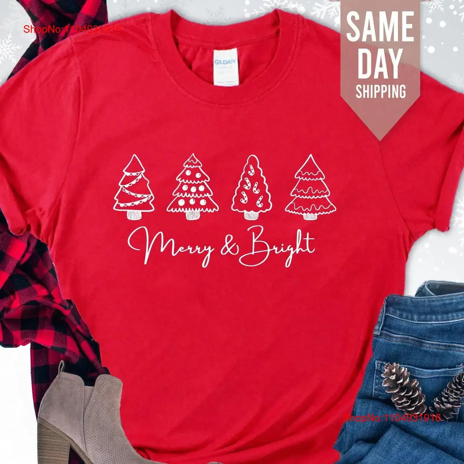 

Merry And BrighT T Shirt Xmas Tree 2024 Women's Christmas Family Party Holiday vintage Washed fashion Stylish