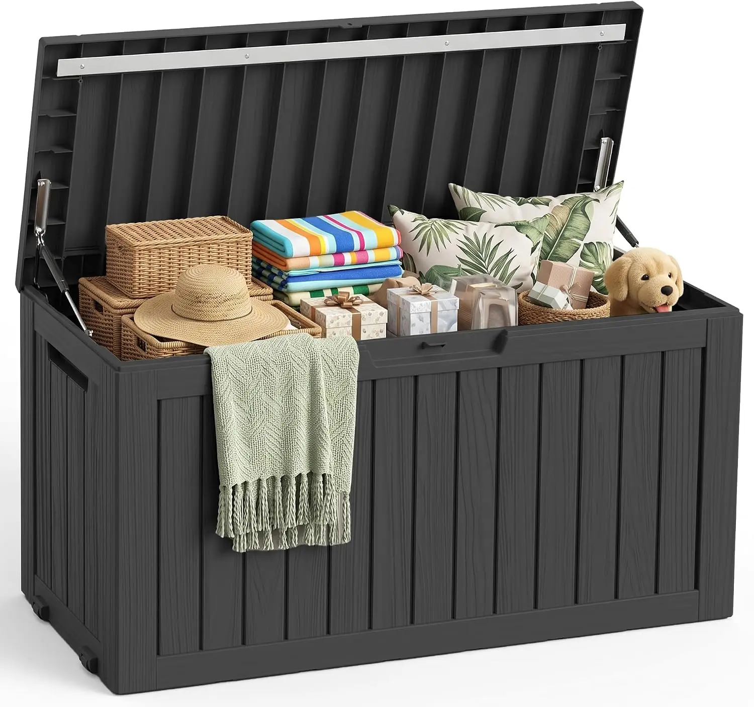 120 Gallon Outdoor Storage Box with Lockable Lid, 300 lb Capacity Bench, All-Weather Resin Deck Box with Wheels for Patio, Pool & Garden
