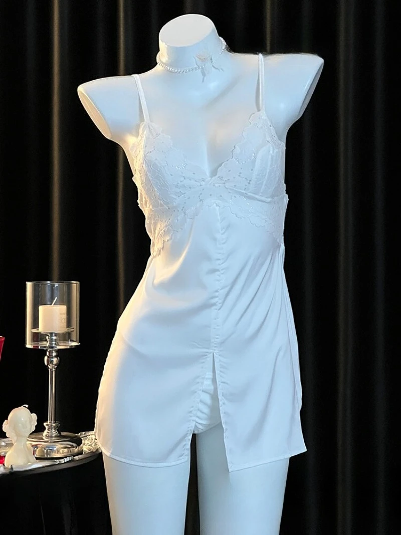 

Французский сексуальный шелковый Холтер, пижамы в чистом чувственном стиле, кружевная отделка, открытая спина, нежная домашняя ночная рубашка для женщин, мягкий соблазнительный вид