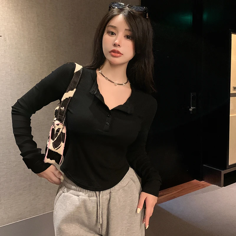 2023 new fitting suit refers to long-sleeved v-neck breasted bottom shirt for women's T-shirt with exposed navel short top