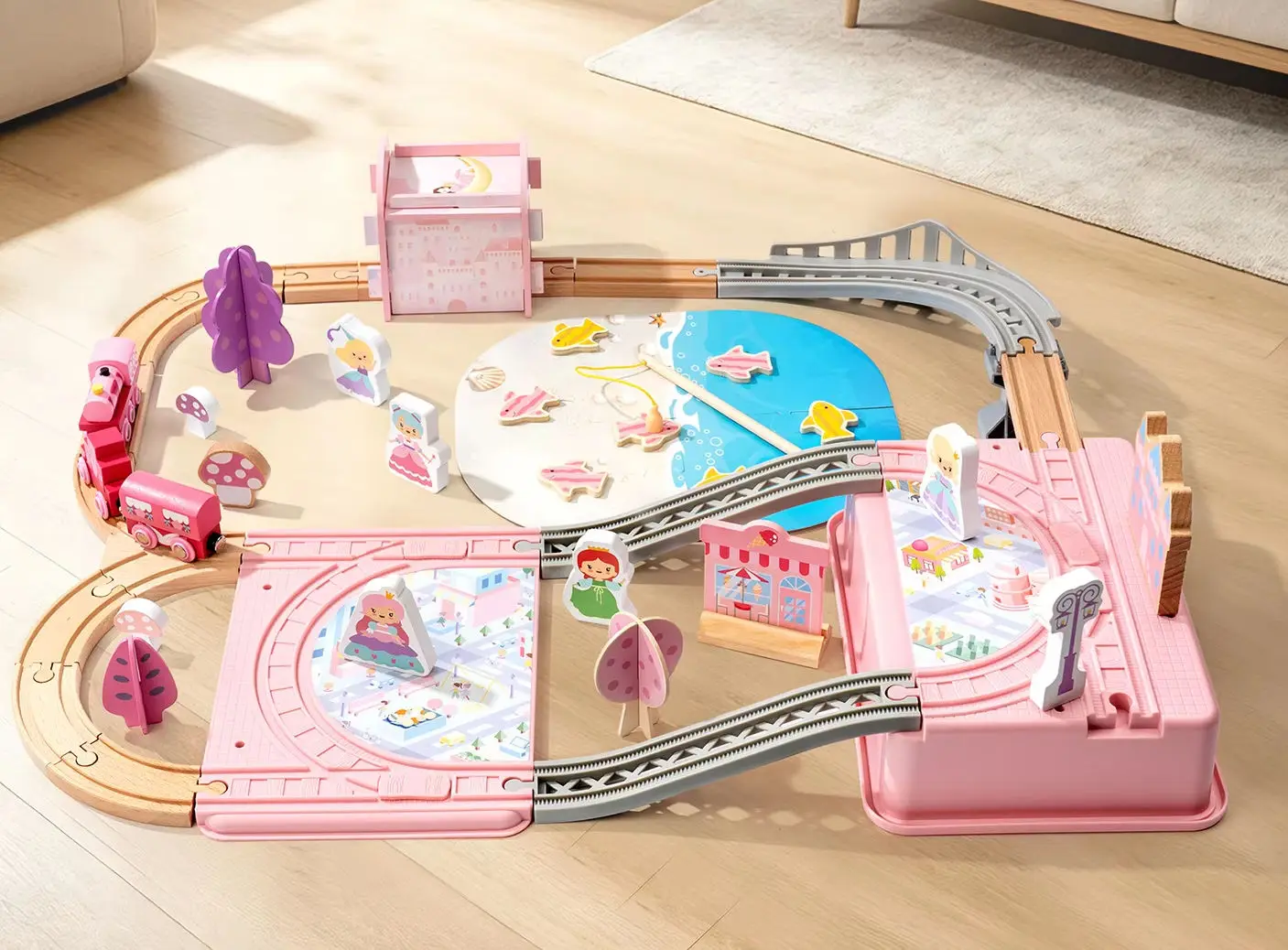 

Princess Themed Wooden Train Track Set, Pink Castle Railway Kit, Educational Assembly Toy with Storage Box for Toddler Girls