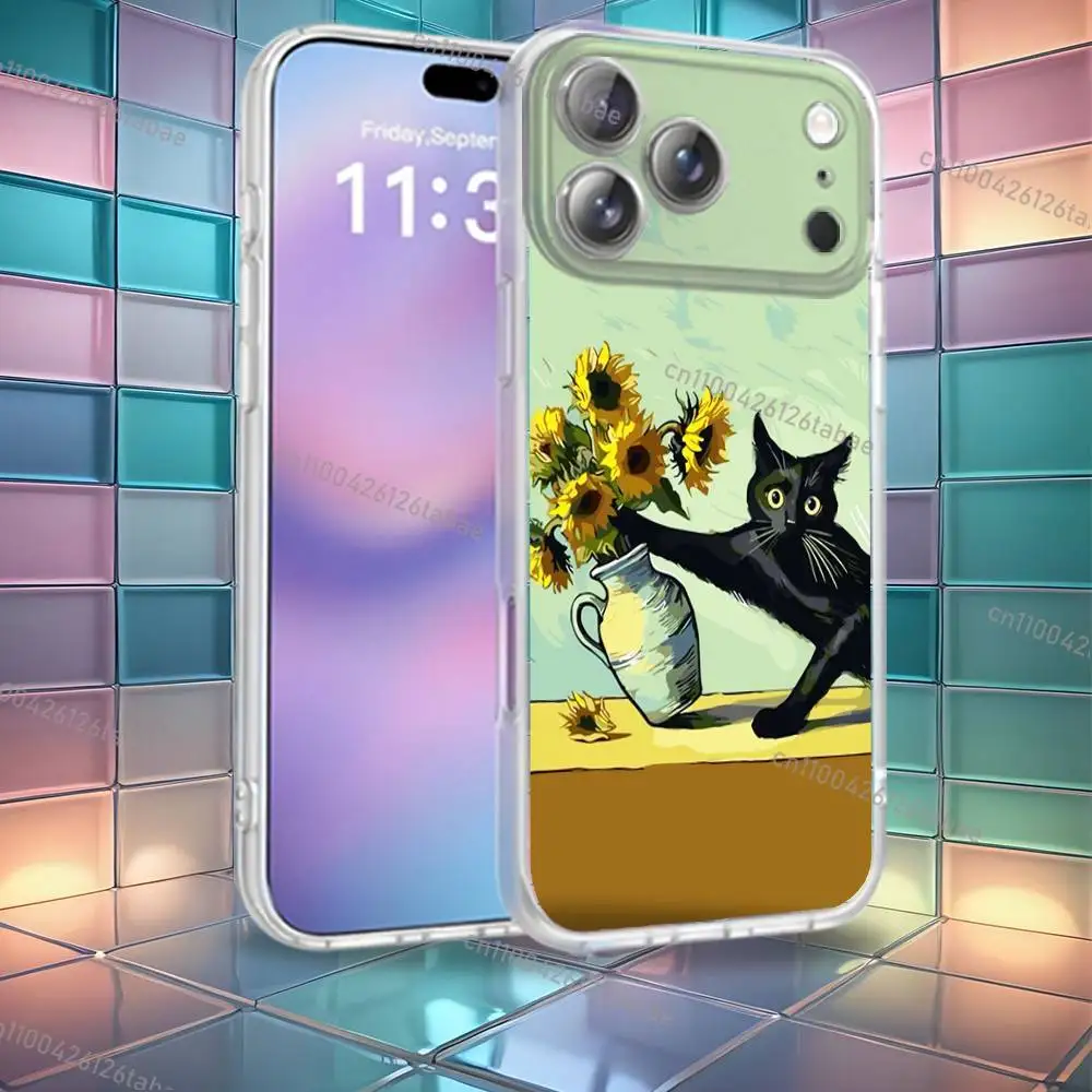 Funny cartoon Van Gogh Monet's Black Cat Phone Case For iPhone 16,14,11,17,13,15,12,Air,Plus,Pro,Max,E,Mini Frosted for Magnetic